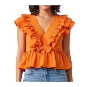 ENTRO ORANGE TOP Pleated Ruffle Deep V-Neck DRESSY COCKTAIL Peplum Cotton M